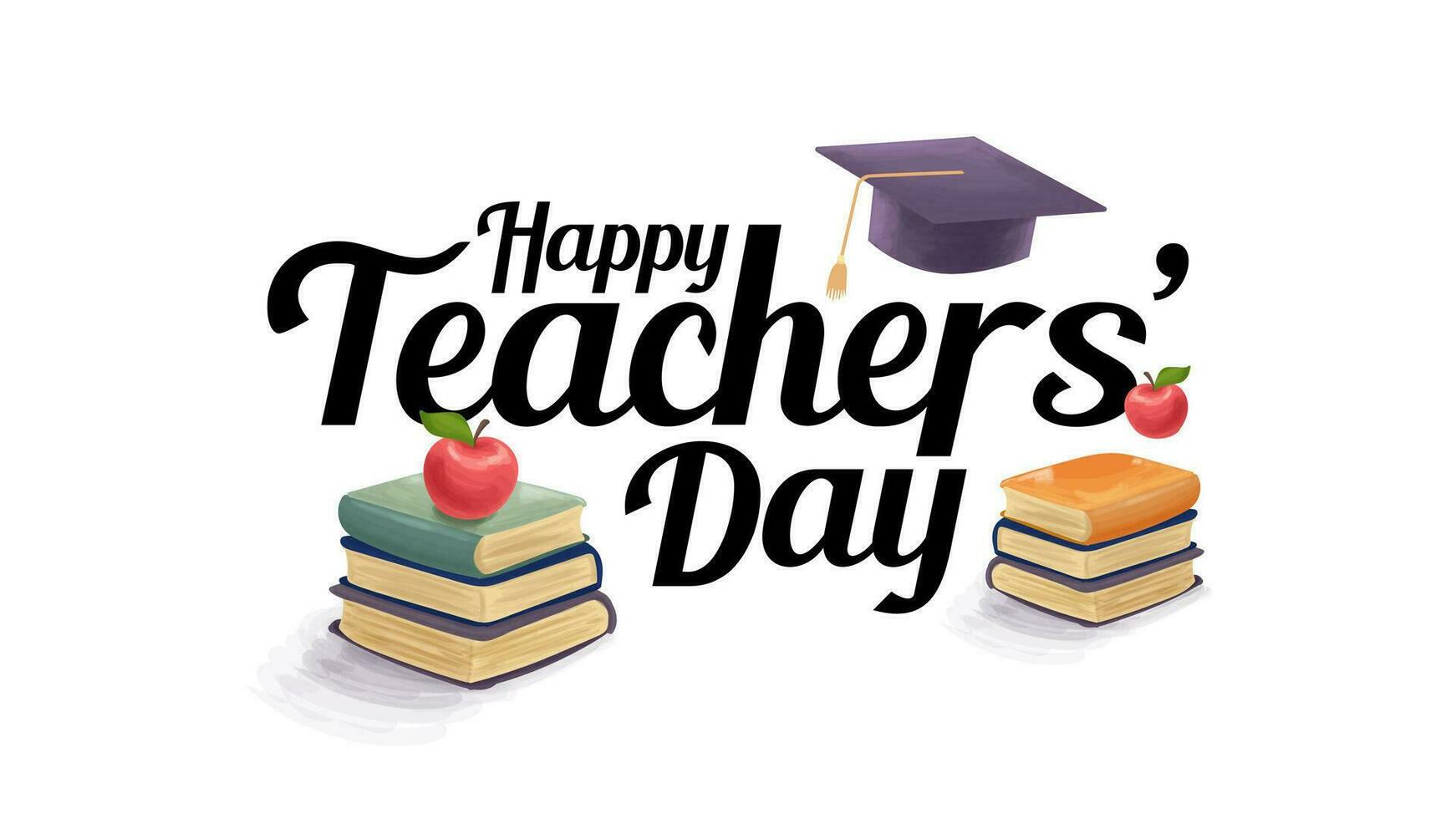Teachers Day Calligraphy Hand Lettering With Apple on Top of Books Illustration vector