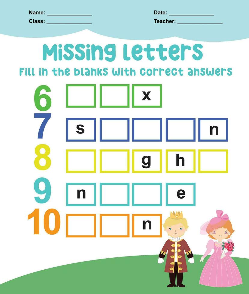 Missing letters worksheet. Complete the letters for number in English. Kids educational game. Printable worksheet for preschool. Writing practice. Vector file.