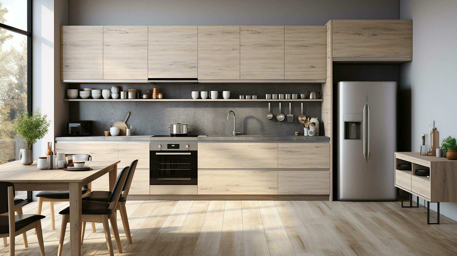 wooden kitchen house in afternoon AI generative photo