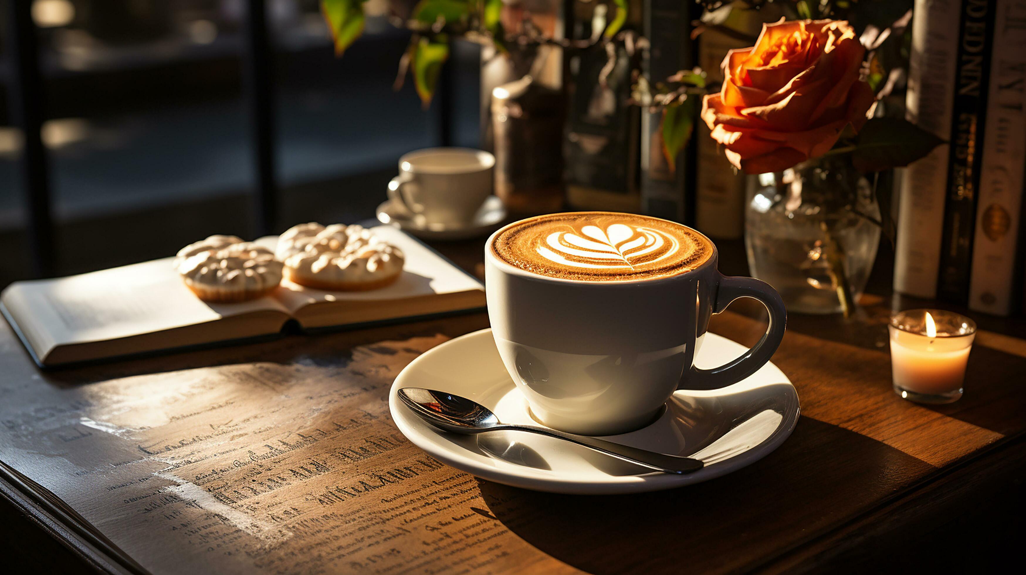 A cup of cappuccino, coffee and breakfast pastries on a wooden table with a  laptop computer for work and accessories. Generative AI Stock Photo