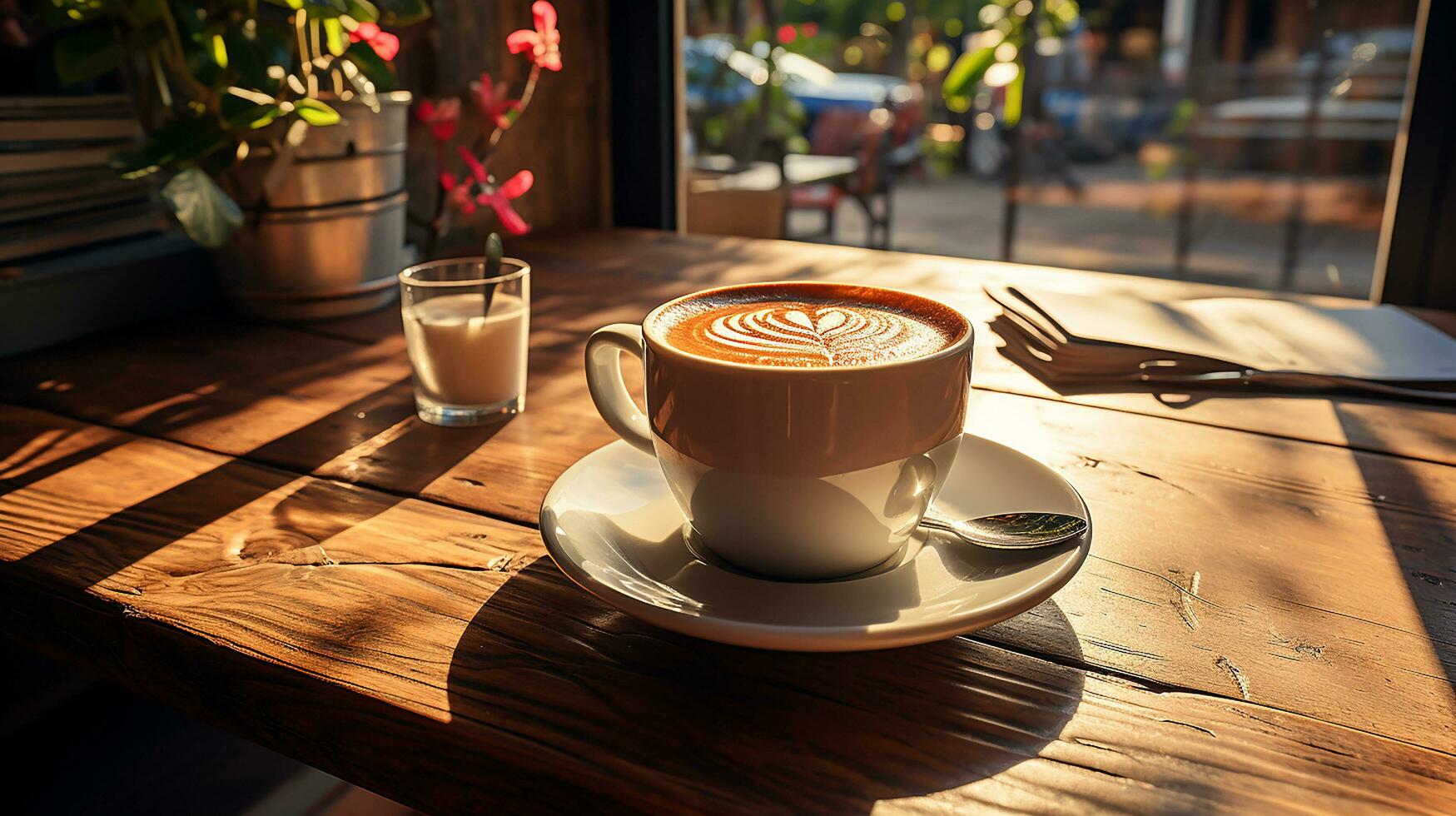 a cup of coffee with book and pen on the wooden table AI Generated photo