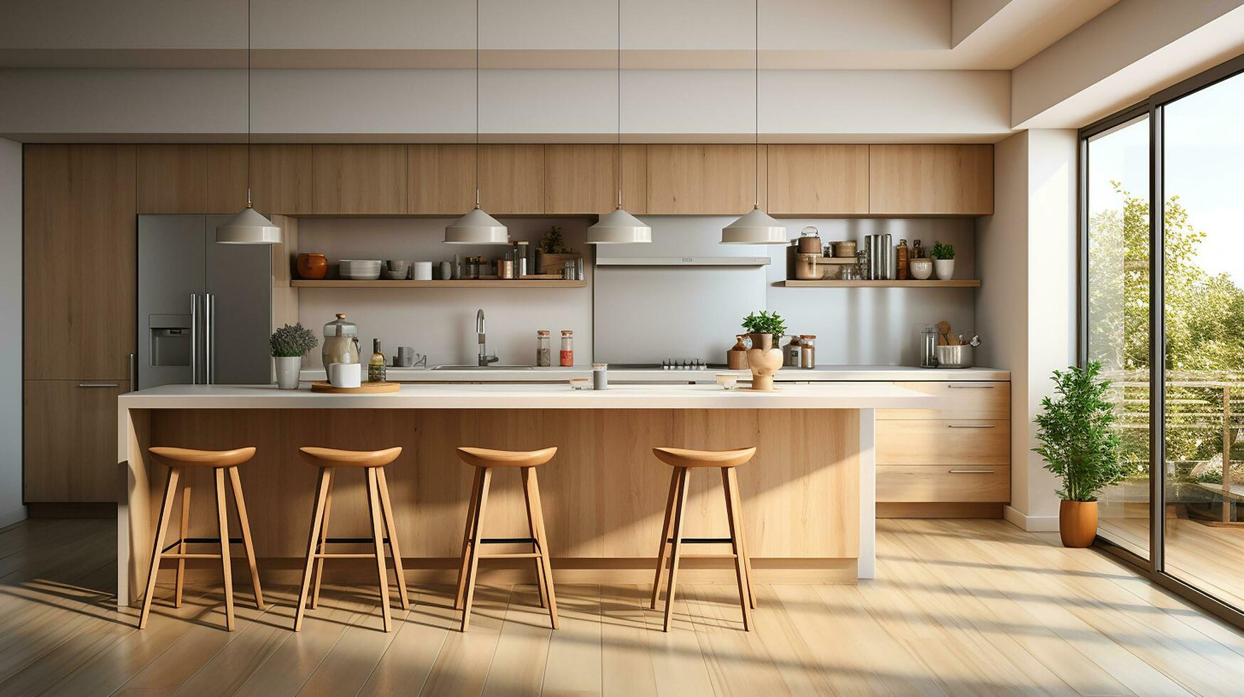 wooden kitchen house in afternoon AI generative photo