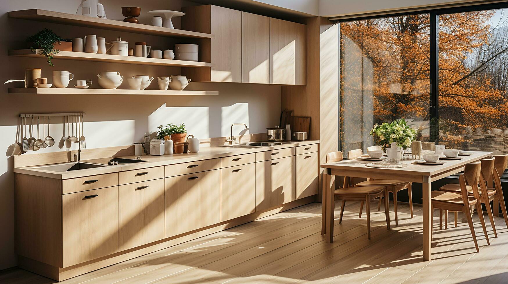 wooden kitchen house in afternoon AI generative photo
