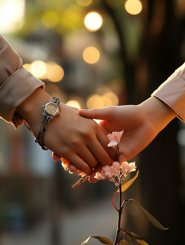 close up woman and man's hand holding to each other with park background AI generative photo