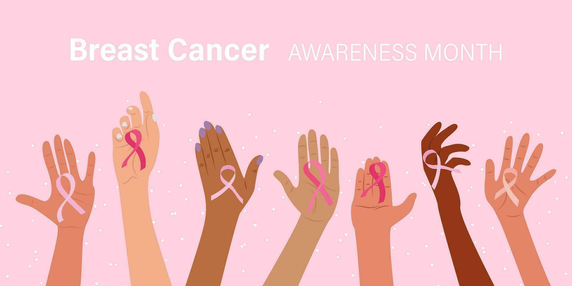 Breast cancer awareness and prevention concept, multiethnic female hands holding pink ribbon symbol to support and fight for health. Flat vector illustration. Simple web banner.