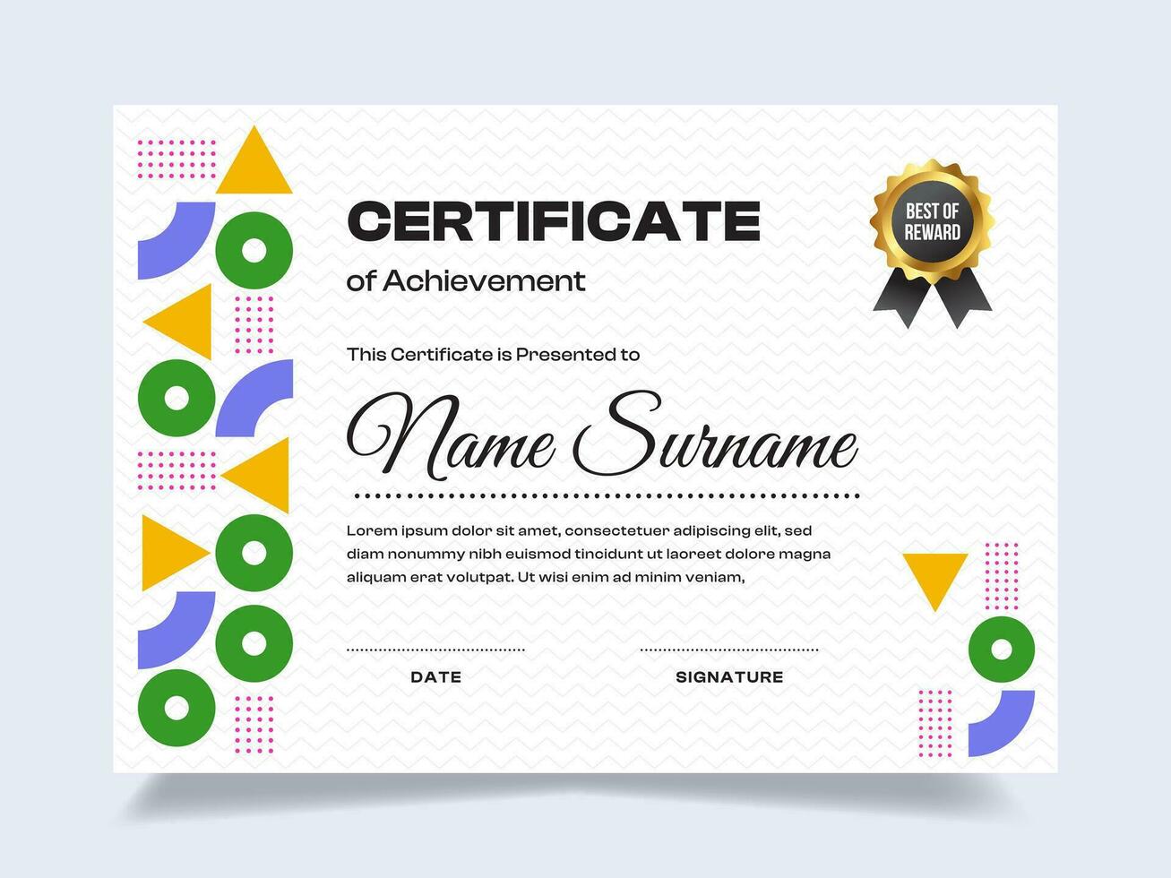 Memphis certificate of achievement template with gold badge. Modern certificate vector. Perfect for employee awards. vector