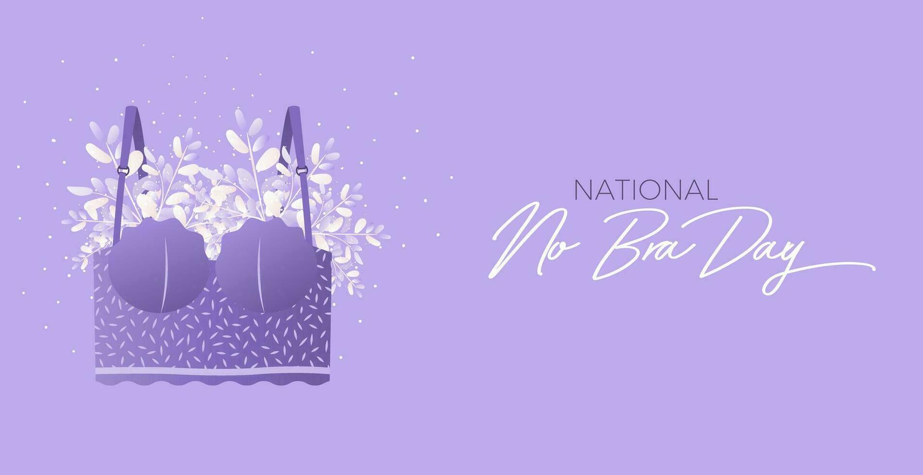 National No Bra Day. Vector horizontal web banner, poster, cover. Balconette bustier top bra with herbs isolated on violet backdrop. Breast cancer awareness. No Bra Day, October 13. Women's health.