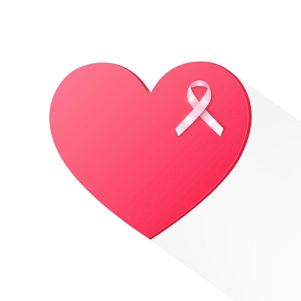 Web banner with isolated realistic soft pink ribbon on red heart. Symbol of breast cancer awareness month in October. Vector illustration. Women's health. Modern art with ribbon sign.