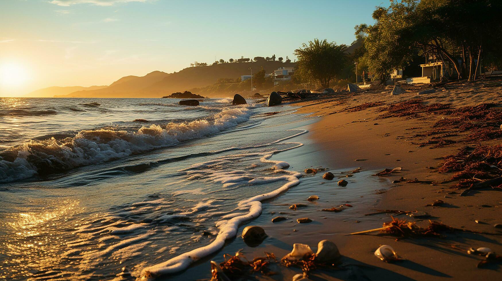 photo-realistic of dirty beach at afternoon with so much garbage AI generated photo