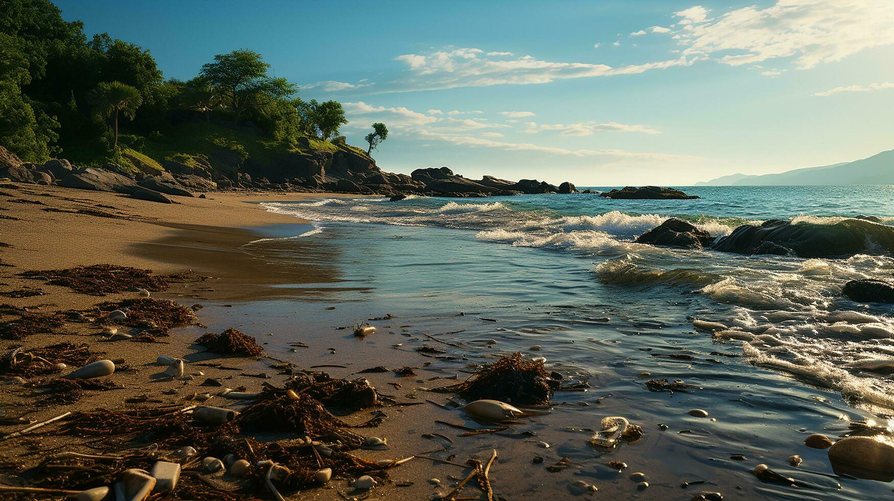 photo-realistic of dirty beach at afternoon with so much garbage AI generated photo