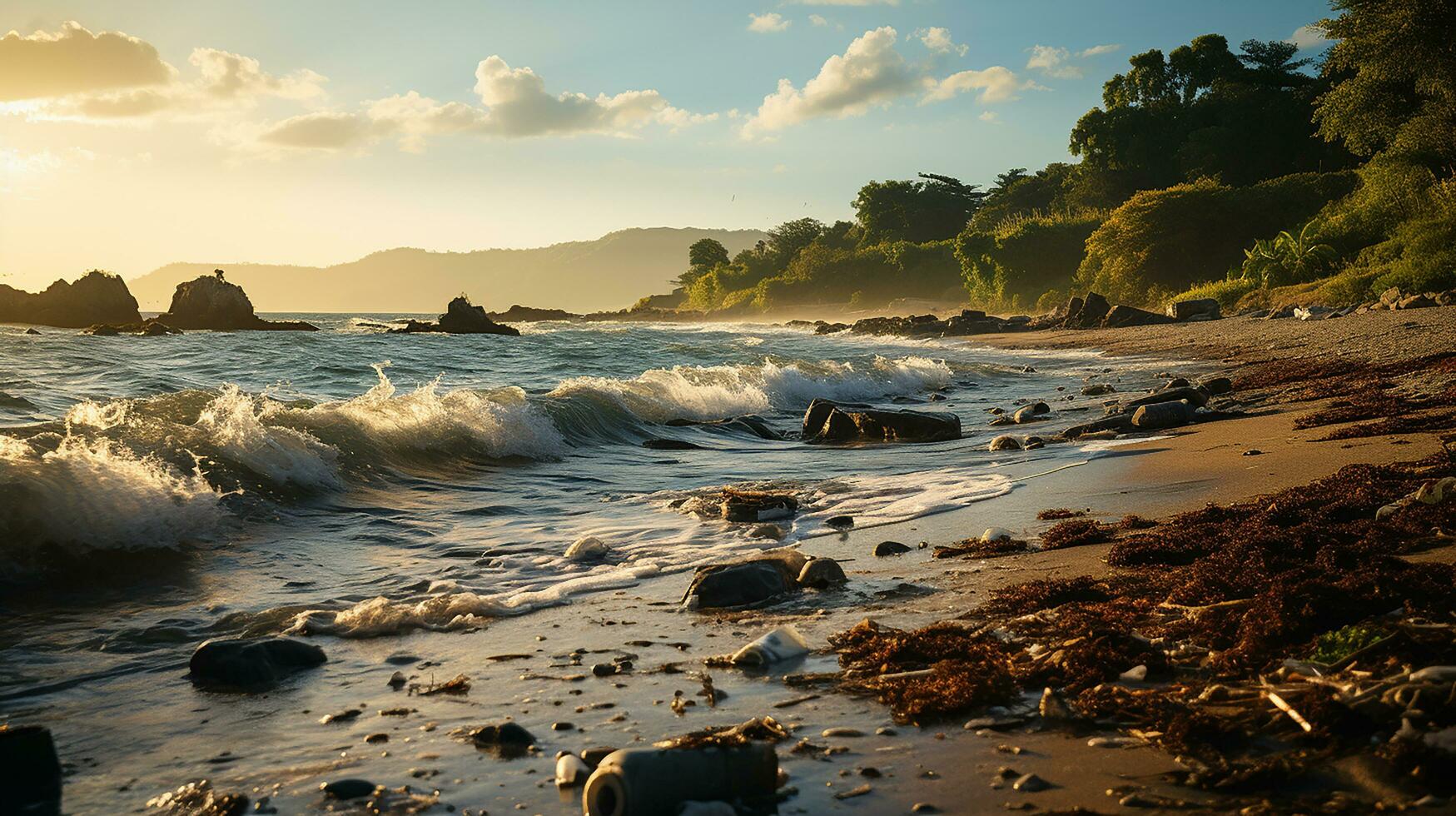 photo-realistic of dirty beach at afternoon with so much garbage AI generated photo