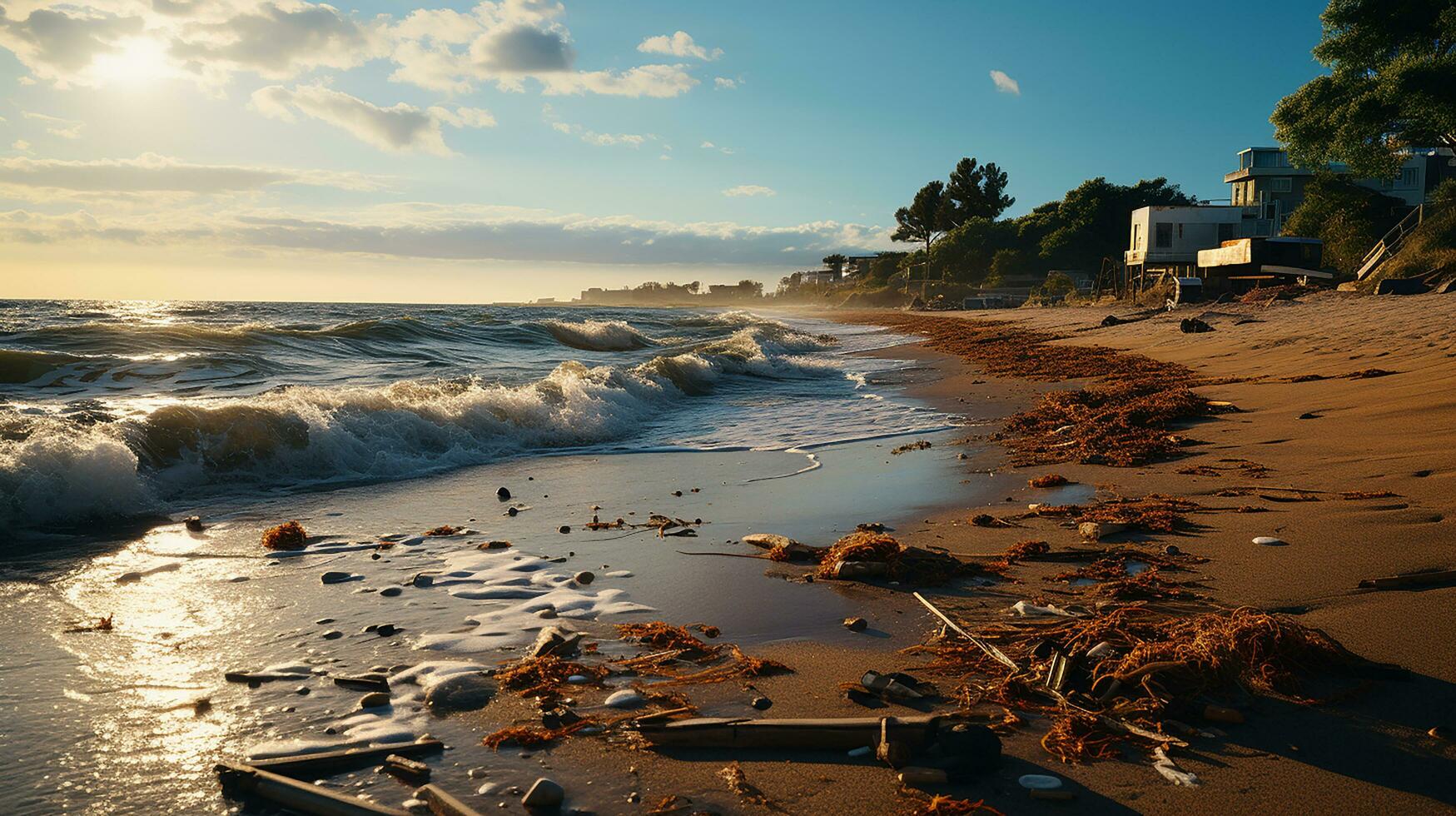 photo-realistic of dirty beach at afternoon with so much garbage AI generated photo
