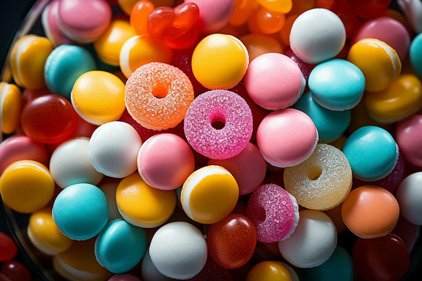 Photo-realistic of colorful candies in aerial view for background made by AI generated photo