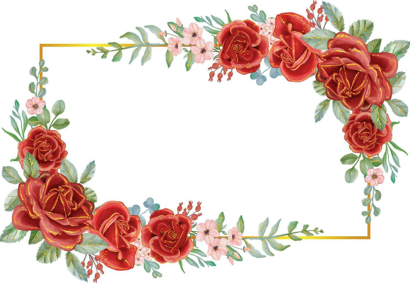 Rose Red with Gold Line Watercolor flower frame. Luxurious flower elements, botanical background or wallpaper design, prints and invitations, and postcards. vector