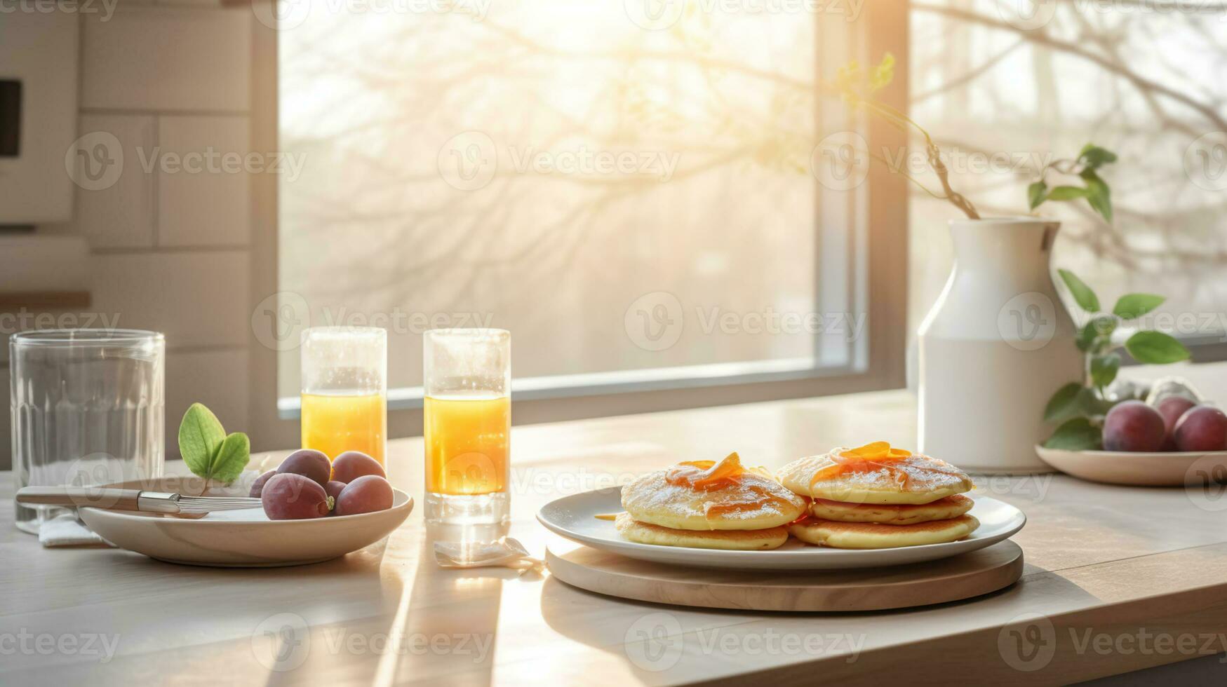 A pancake breakfast plate in a wide shot of a beautiful modern kitchen with beautiful morning light coming in from the large windows and countertops in the background. AI Generative photo