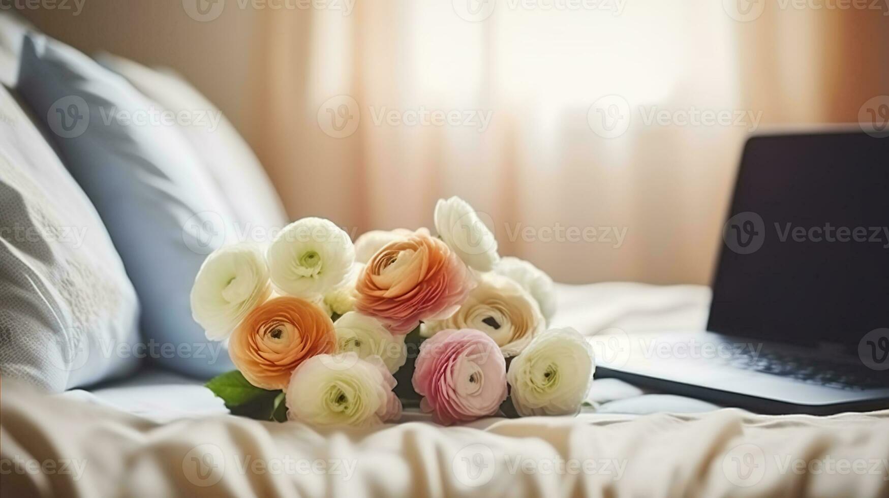 Empty unmade bed with ranunculus flowers. Close up shot of beautiful spring bouquet and laptop with open lid in bedroom interior. Good morning concept. AI Generative photo