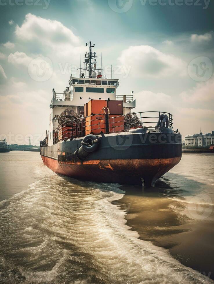 Tugboat push large cargo vessel to berth at port terminal. Port terminal operations and handling equipment, generative ai photo