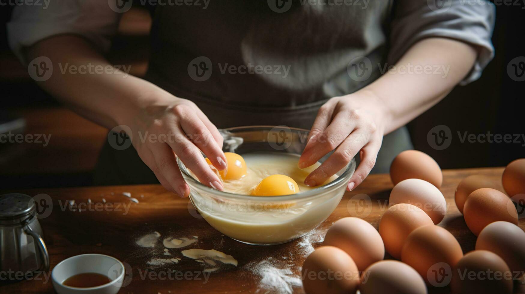 Woman cracking eggs into bowl for cooking pastry, generative ai photo