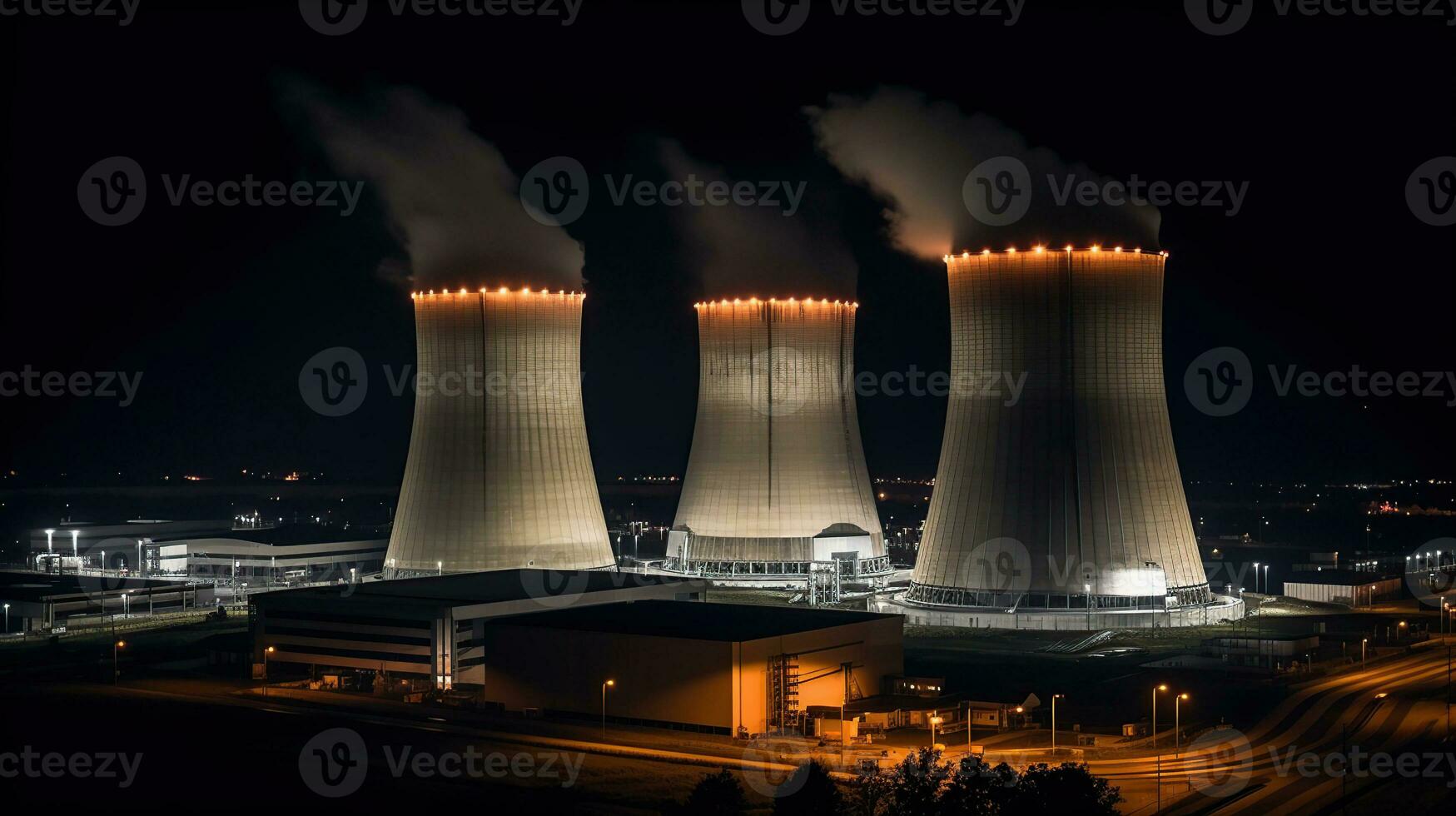 Night lights of nuclear power station, generative ai photo