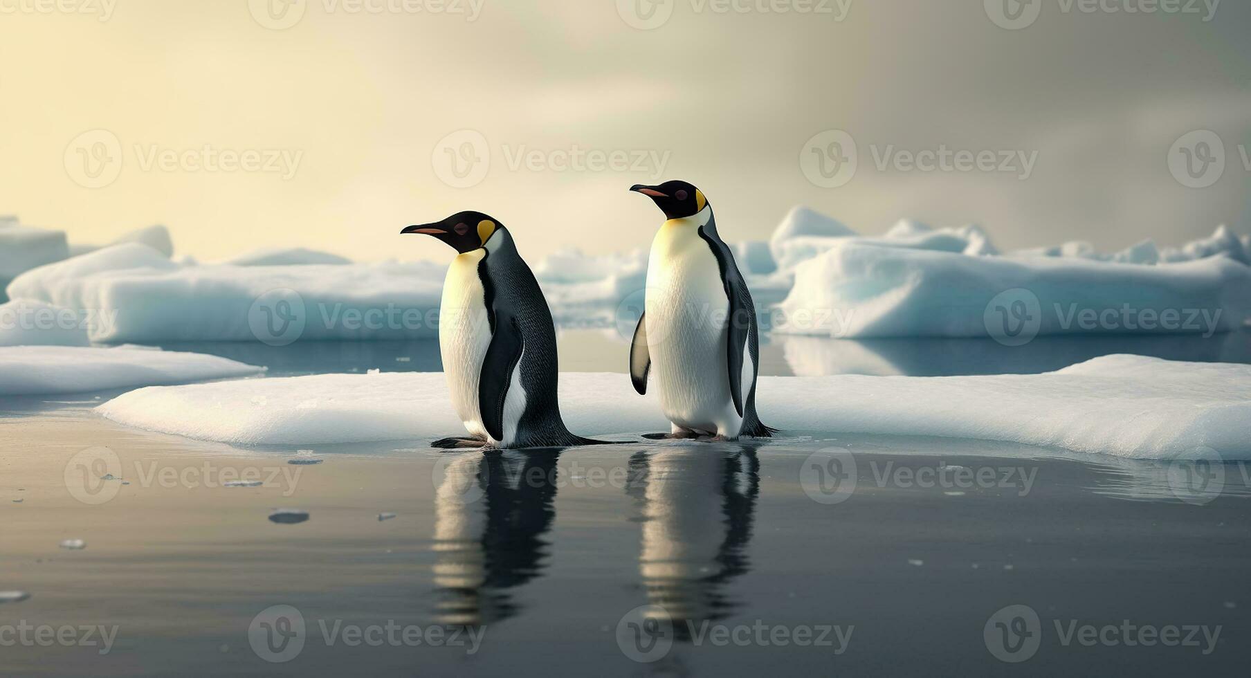 Two cute emperor penguins confused by ice melting, world global planet climate change. Generative AI photo