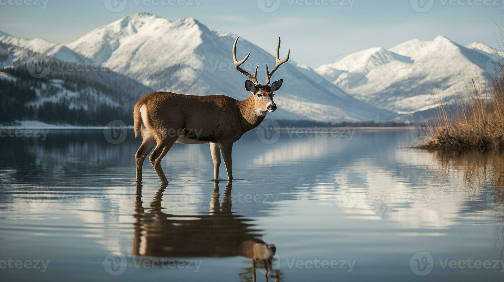 A deer standing in front of a mountain lake with a reflection of it's antlers in the water and a mountain range in the background with snow capped peaks in the background. Generative AI photo