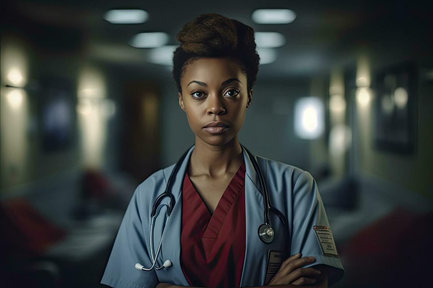 Portrait of female African American doctor standing in hospital ,Generative AI. photo