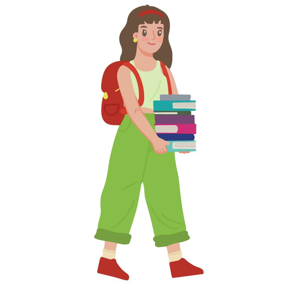 joven mujer que lleva archivo de libros y un mochila vector