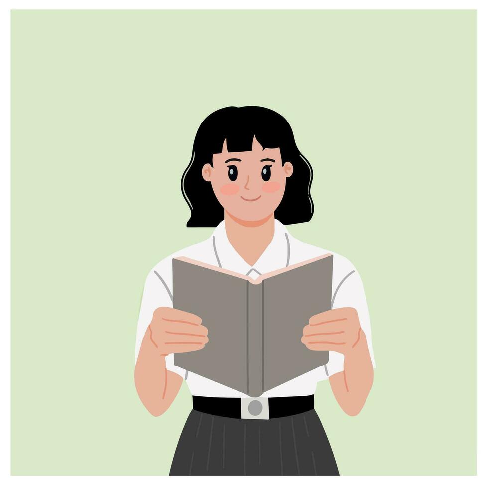 Young woman student wearing uniform reading a book illustration ...