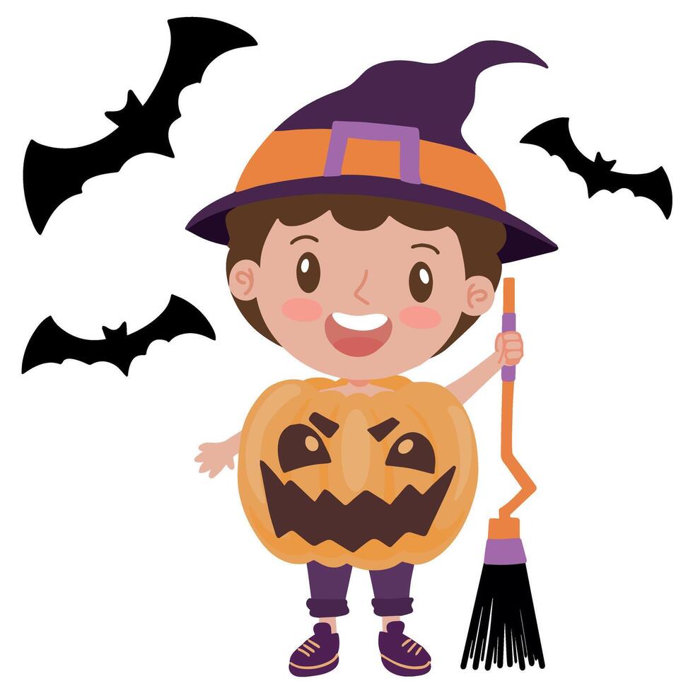 Cute little boy wearing pumpkin costume and witch hat bringing broom for halloween party illustration vector