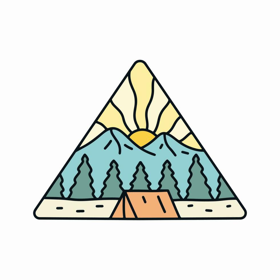 Camping under mountain in nature mono line design vector