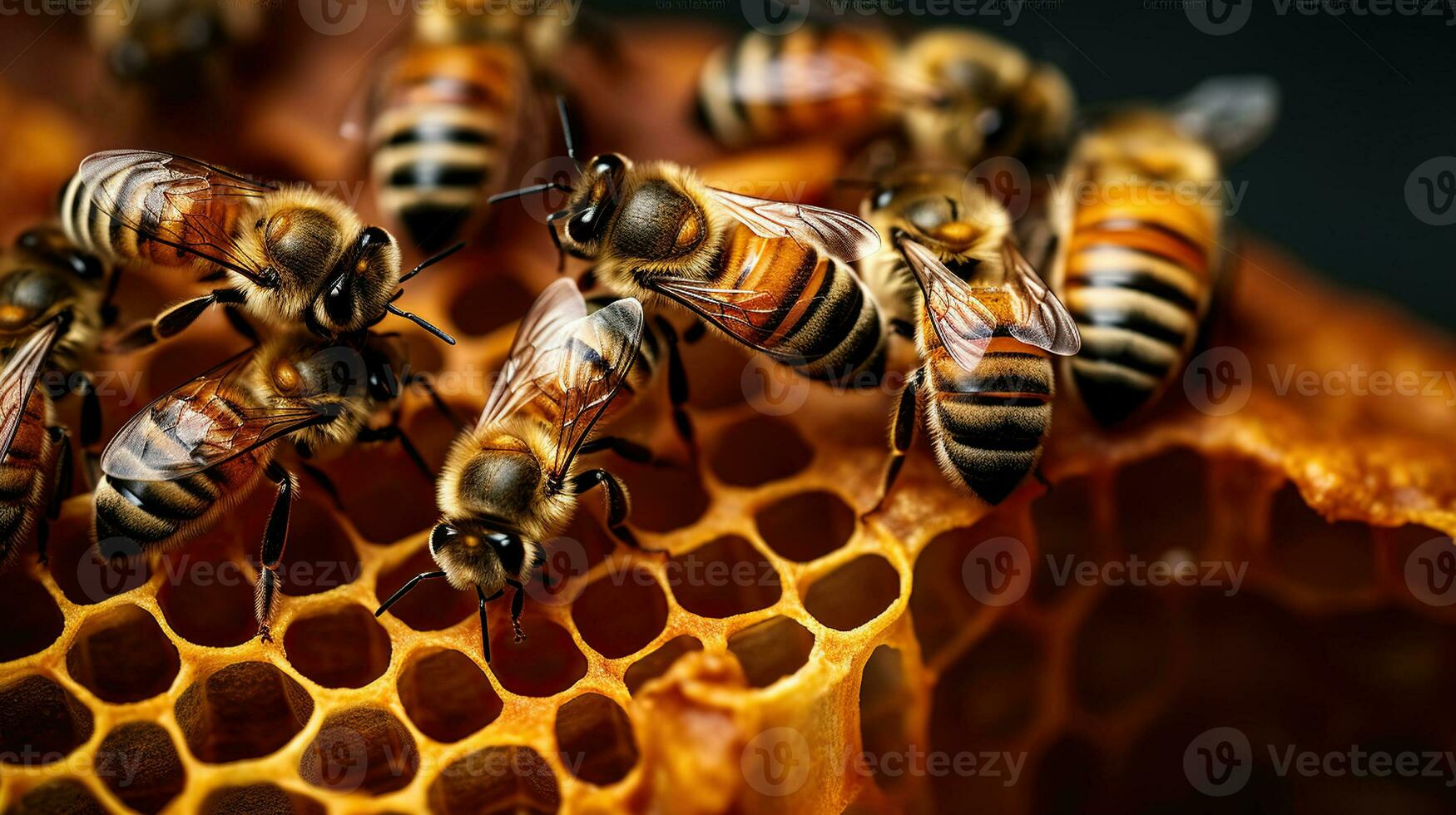 de cerca de abejas en panal en colmenar - selectivo enfocar, generativo ai foto