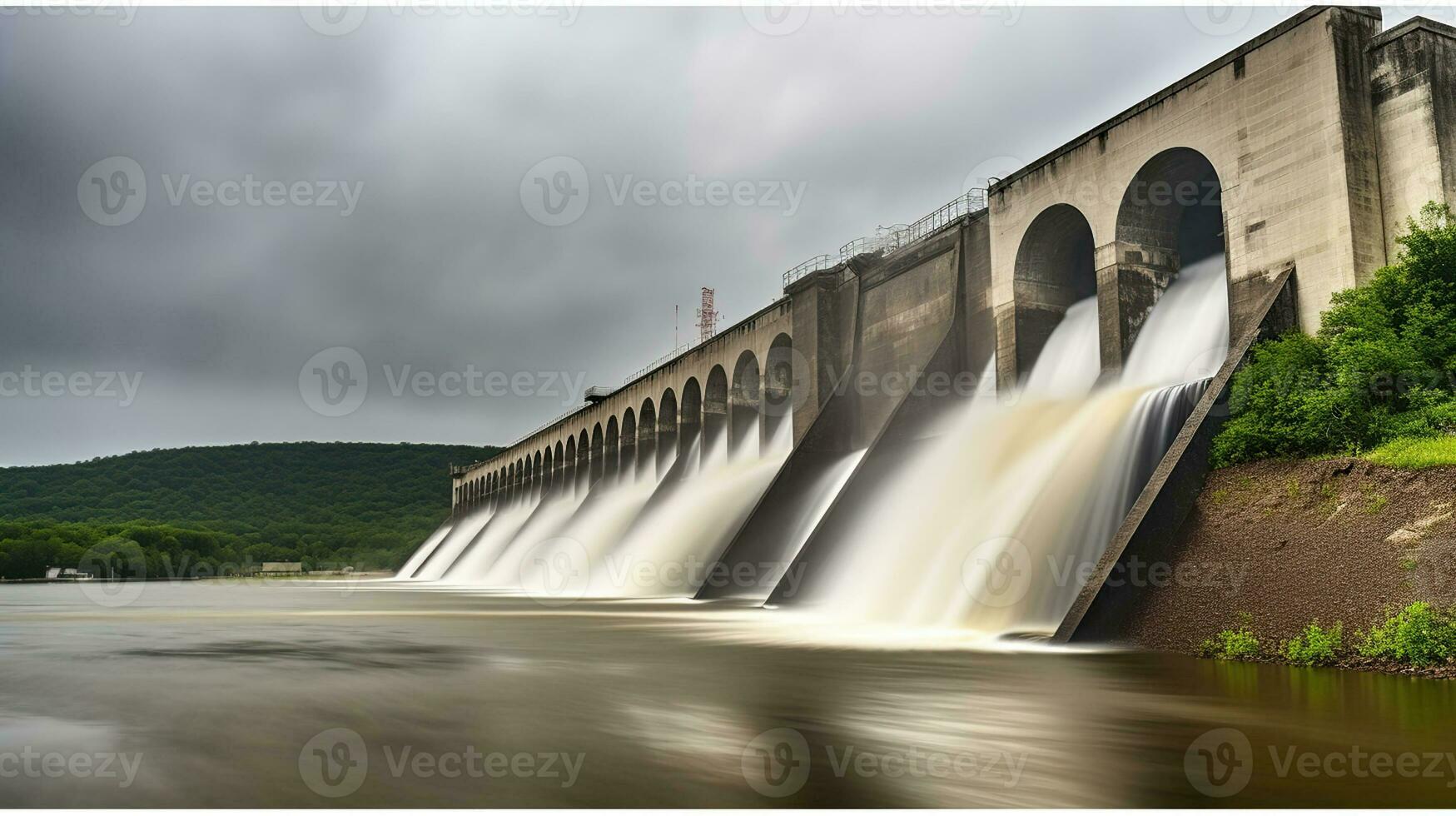 Water spilling over the dam, Generative AI photo