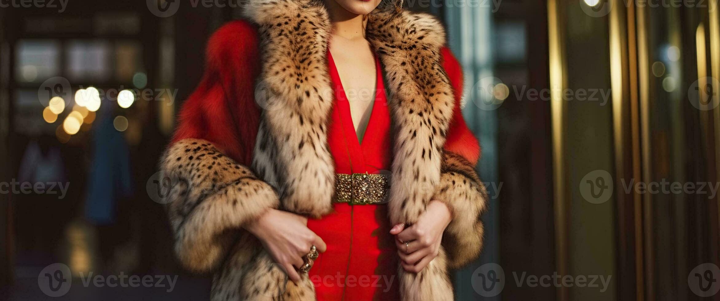 A Fashionable Woman Posing in a Glamorous Fur Coat and Exquisite Red Attire. Generative AI photo
