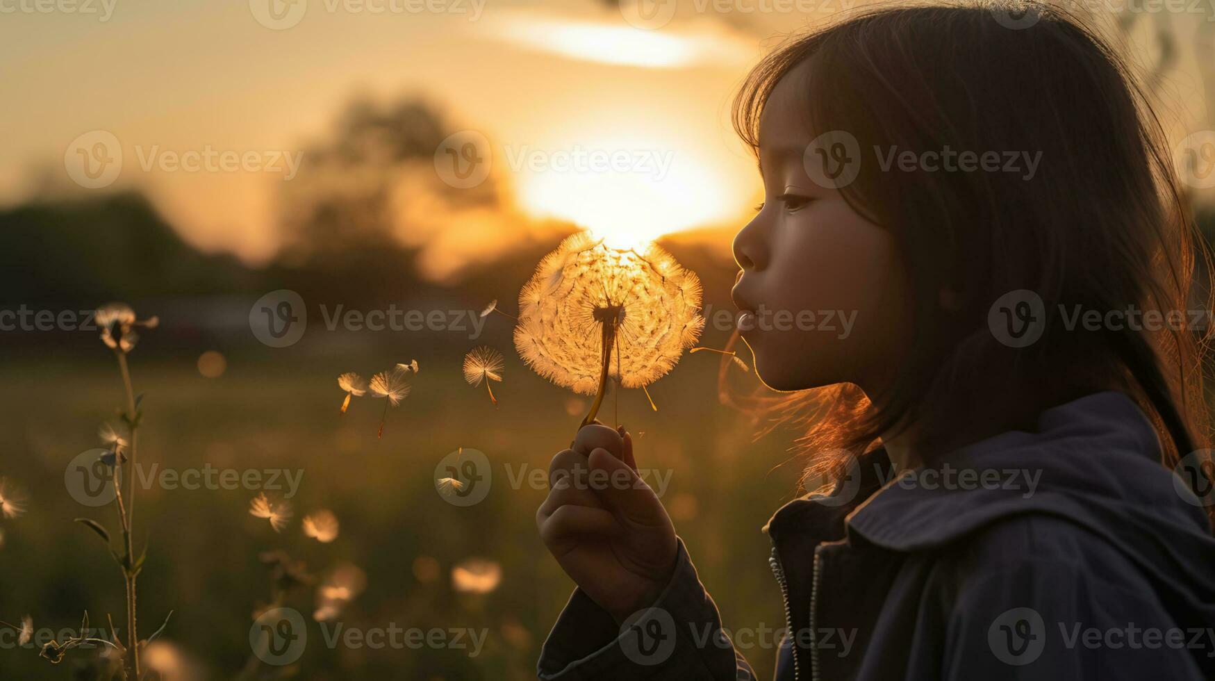 Little Girl Blowing Dandelion Flower At Sunset - Defocused Background, generative ai photo