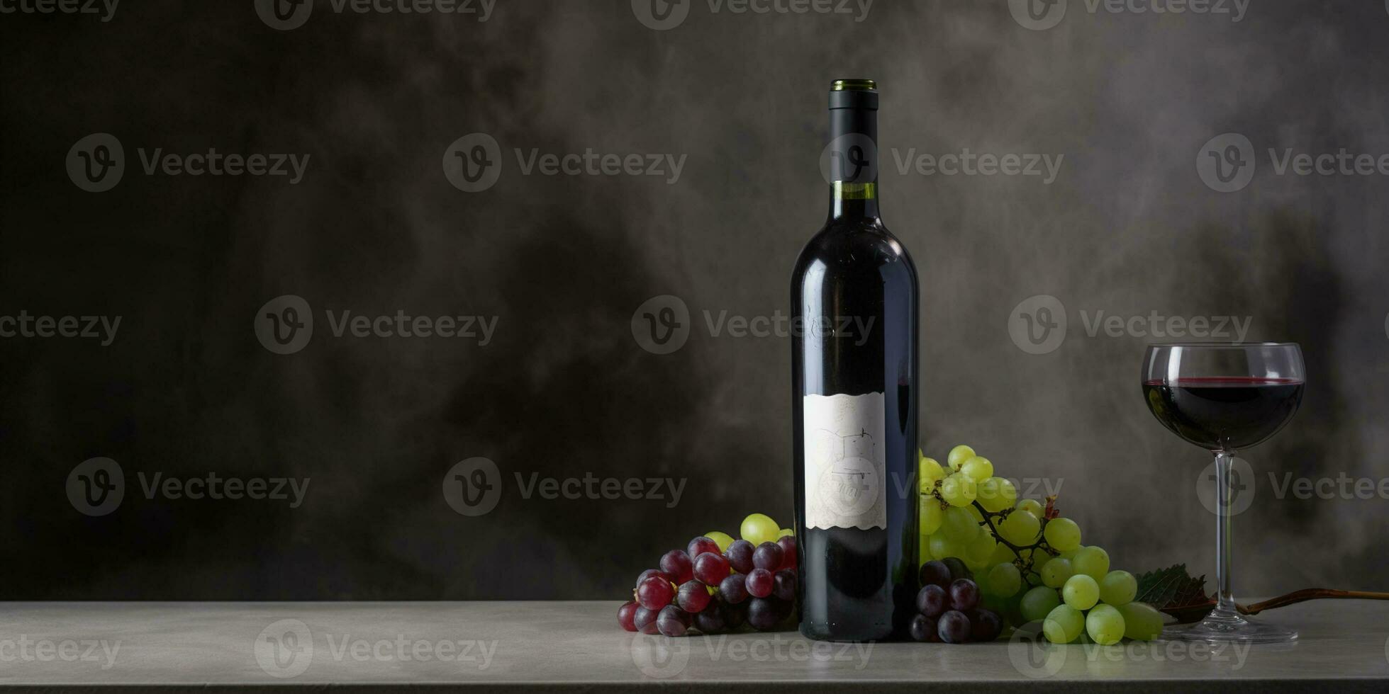 A Tapestry of Opulence, A bottle of wine and a glass with a bunch of grapes on table. Generative AI photo