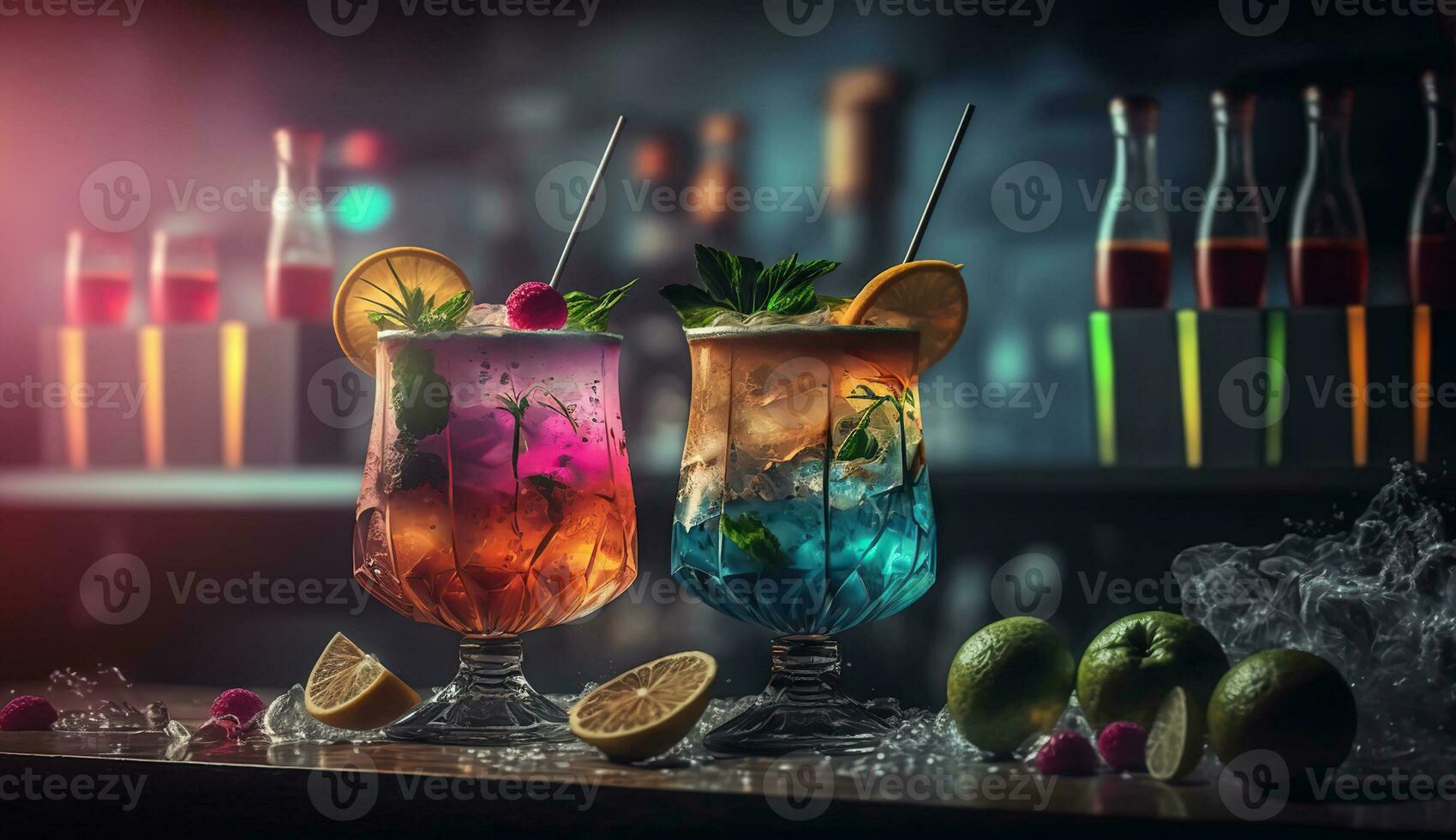 Cocktails drinks on the bar, blured background, hyper-detailed. AI Generative photo