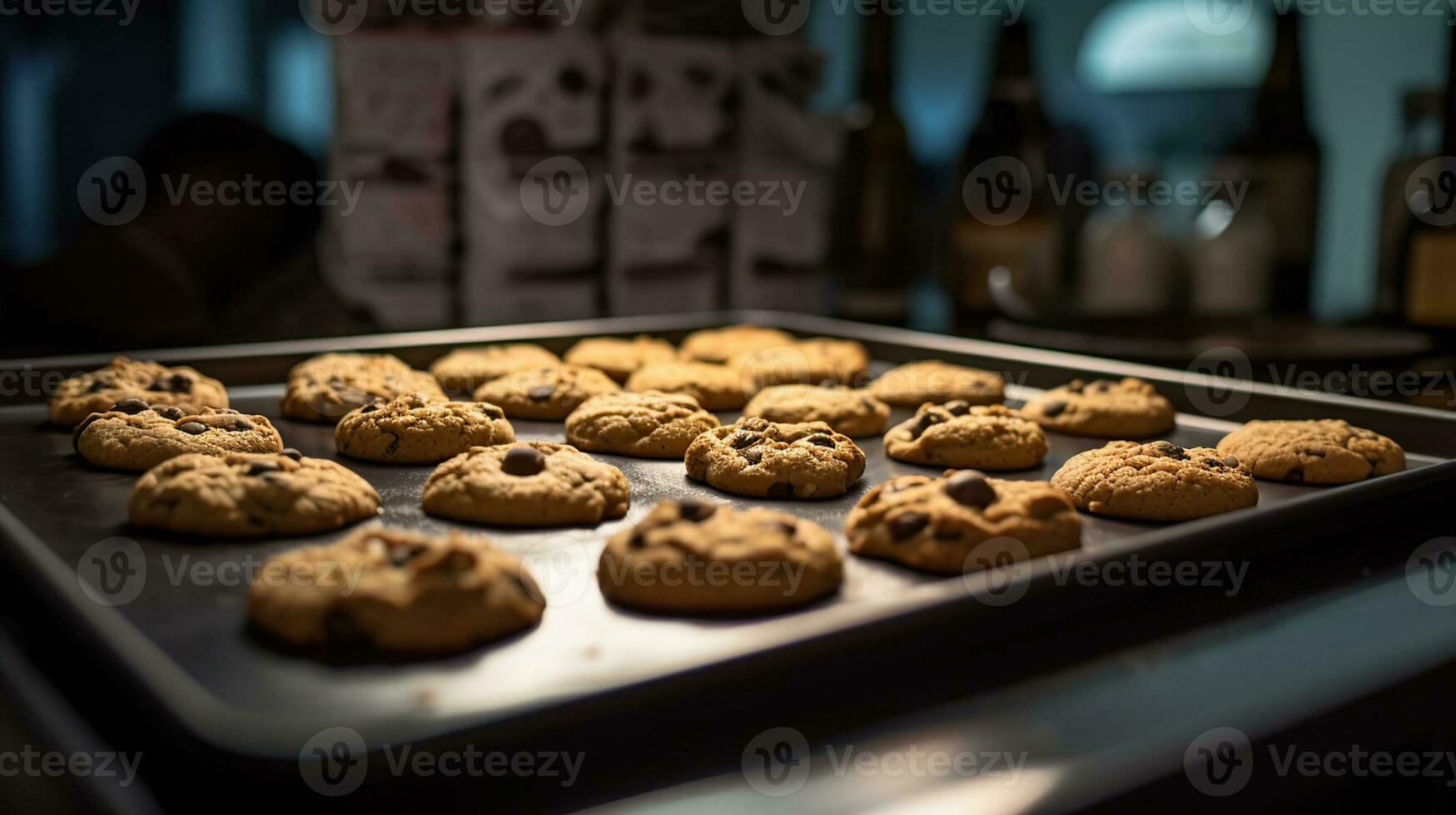 Baking tray with tasty homemade cookies taking out from oven, generative ai photo