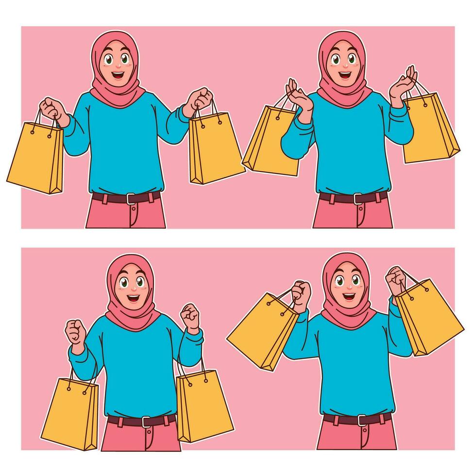 Hijab woman carrying shopping bags vector