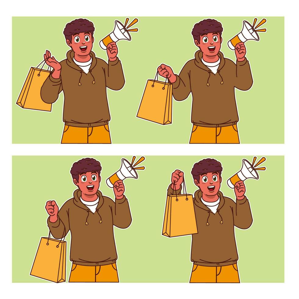 Man carrying shopping bags with megaphone vector