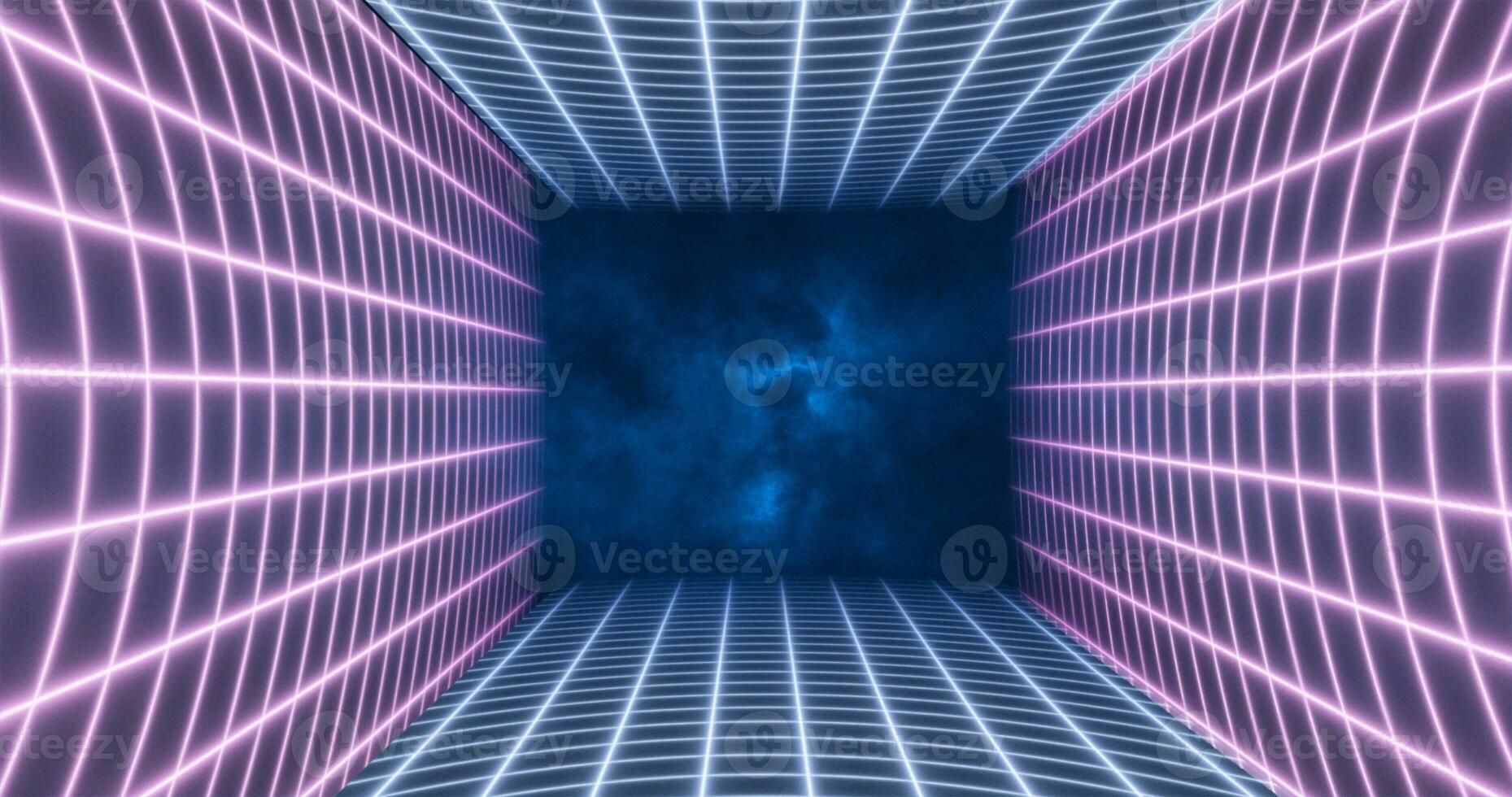 Abstract purple blue energy grid swirling tunnel of lines in the top and bottom of the screen magical bright glowing futuristic hi-tech background photo
