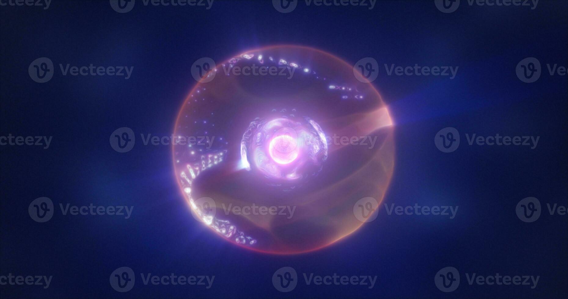 resumen púrpura energía esfera con volador brillante brillante partículas, Ciencias futurista átomo con electrones de alta tecnología antecedentes foto