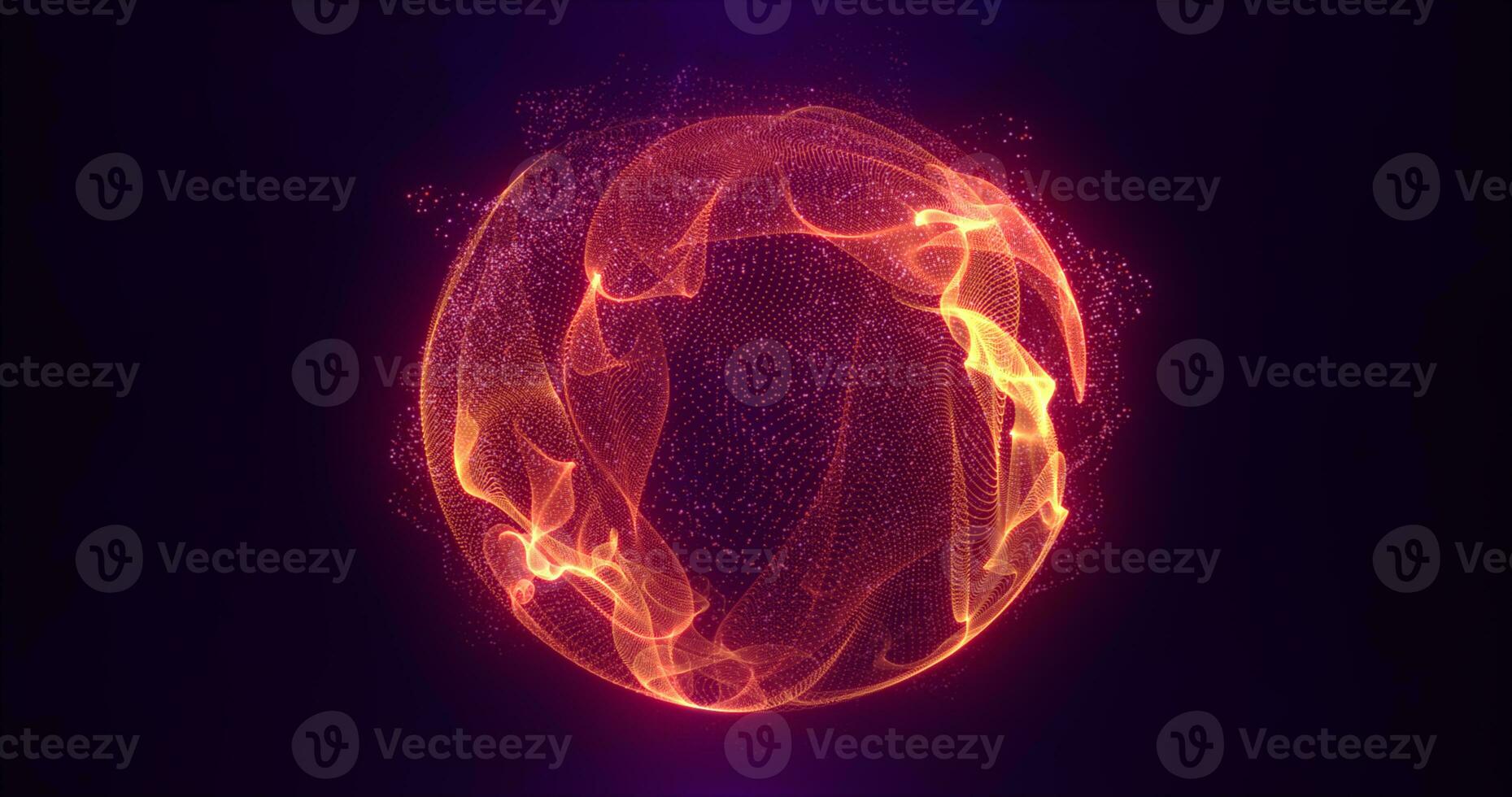 Abstract orange fire energy sphere of particles and waves of magical glowing on a dark background photo