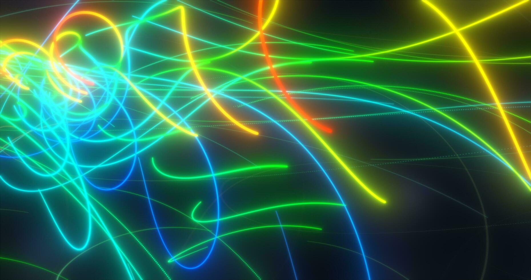 Abstract multi-colored rainbow neon energy laser lines flying on a black background photo