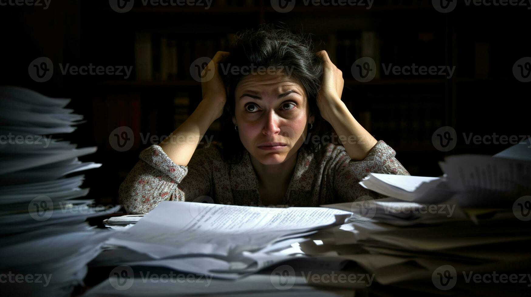 Desperate office worker overwhelmed with paperwork, she held his head with the hands, generative ai photo