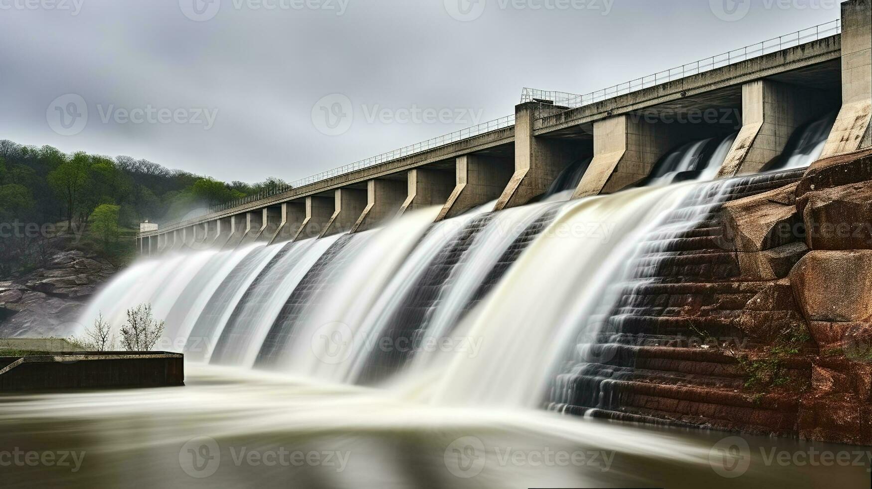 Water spilling over the dam, Generative AI photo