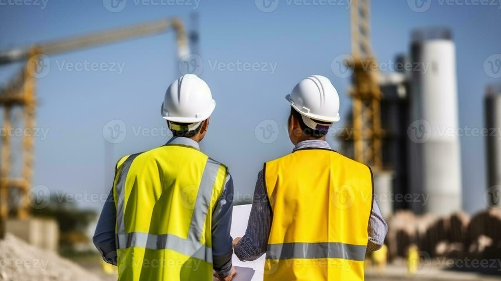 ingeniero con chalecos conferir cerca el construcción sitio, encendido proyecto progreso. generativo ai foto