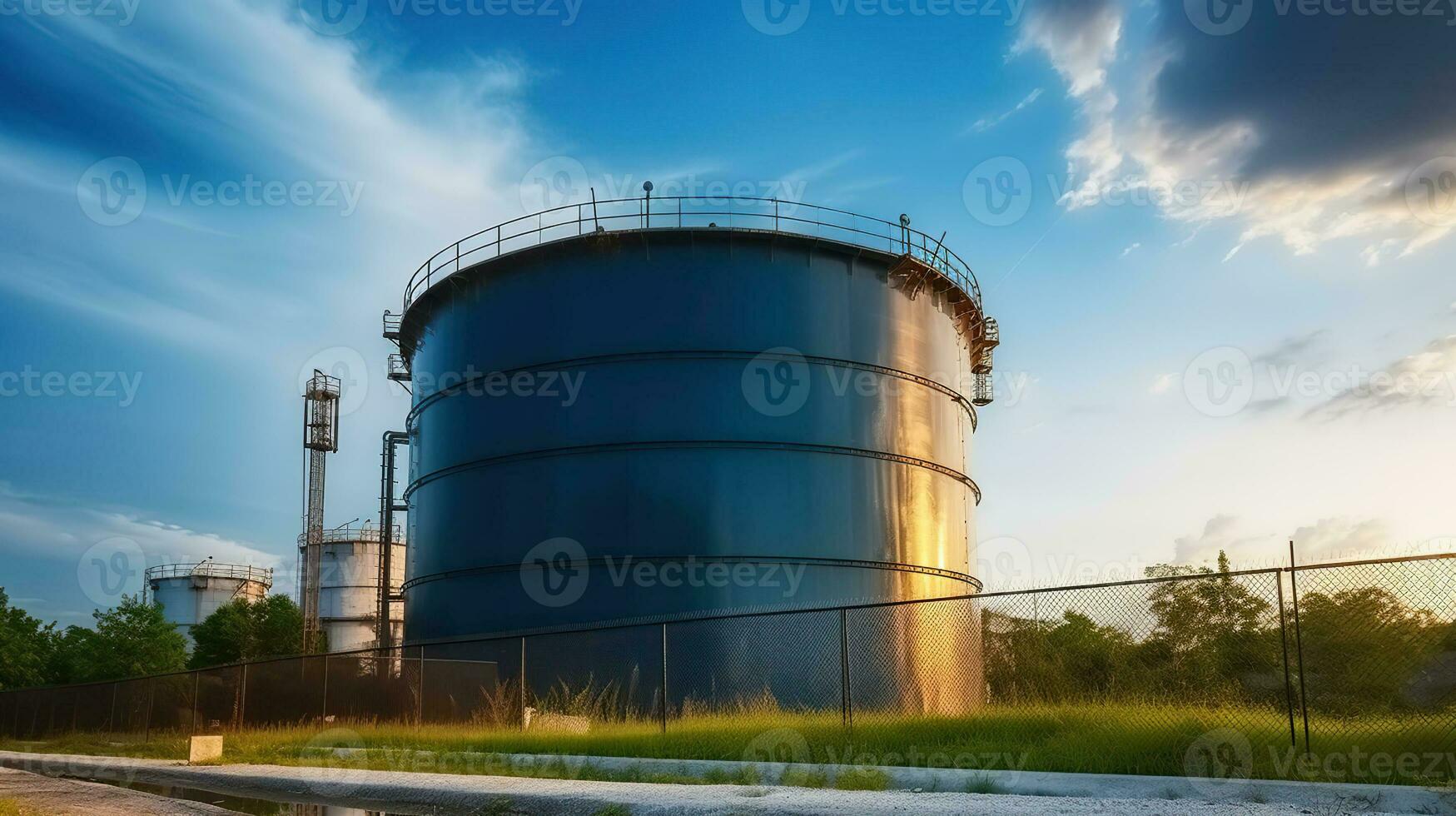 grande agua tanque con azul cielo son apoyo enfriamiento torre en eléctrico poder planta. generativo ai foto