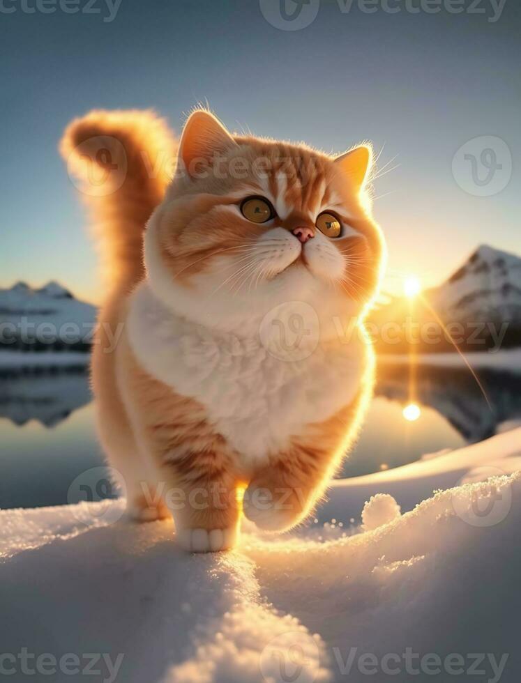 A photo of a super cute and beautiful Chinese orange cat, running on the white snow under the sunset, Generative AI