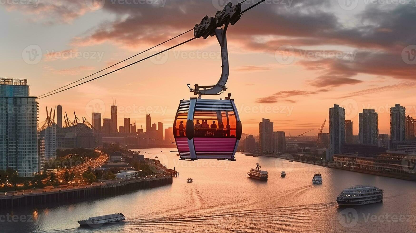 The cable car crosses the Thames of London during sunset with skyline scenery, Generative AI photo