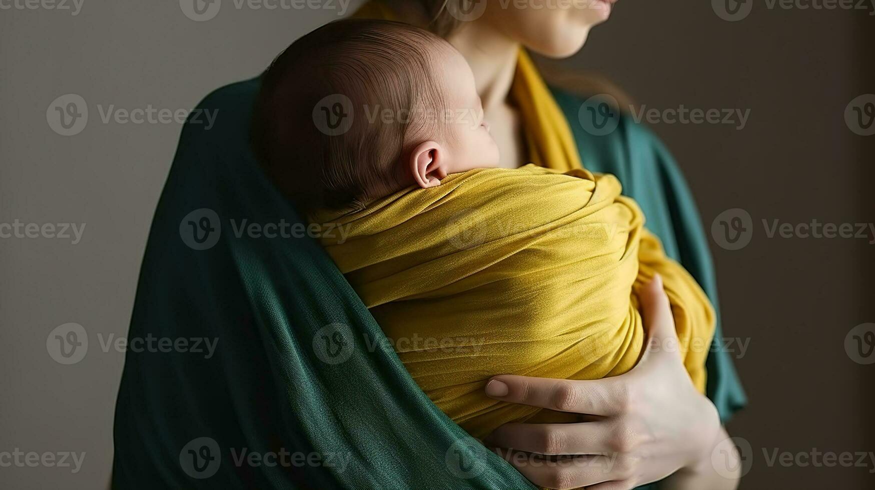 A Womans Loving Embrace of her Sleeping Infant in a Yellow Wrap Carrier. Generative AI photo